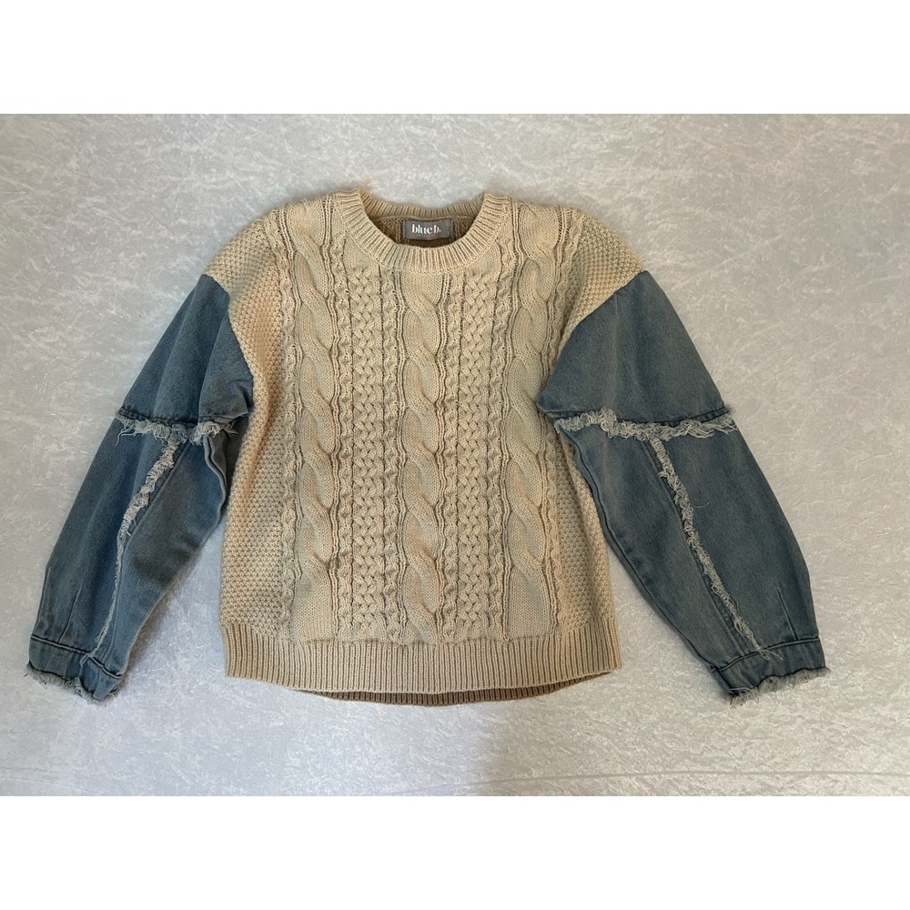 Blue B Cream Cable Knit Sweater with Denim Sleeve Panels